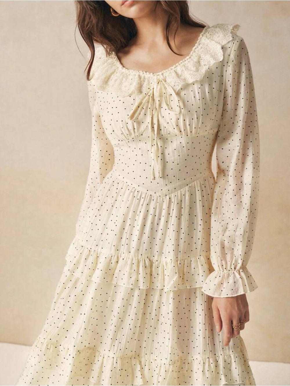 Lace Cream Polka Dot Ruffle Midi Dress